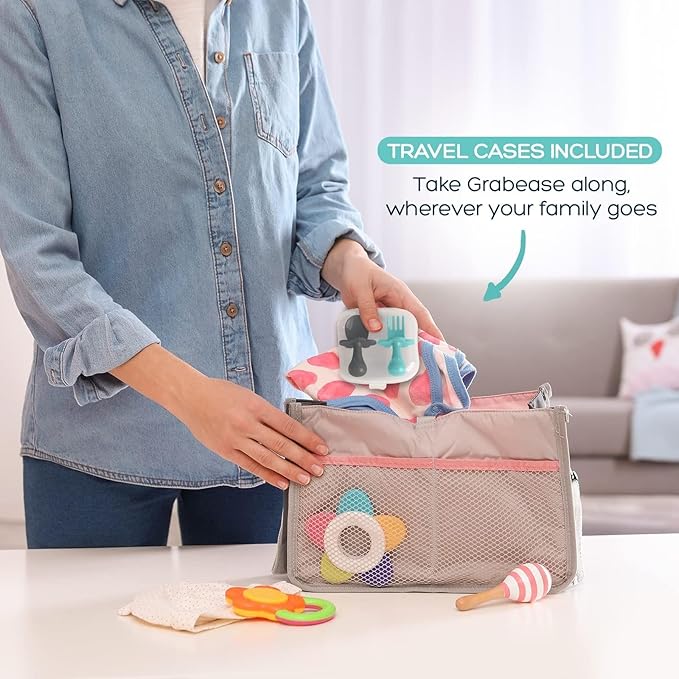 Grabease Baby Spoons and Forks Utensils for Toddlers Infants BPA-Free & Phthalate-Free Baby Silverware, 2 Sets, Teal and Gray - Infant Spoon - Toddler Fork