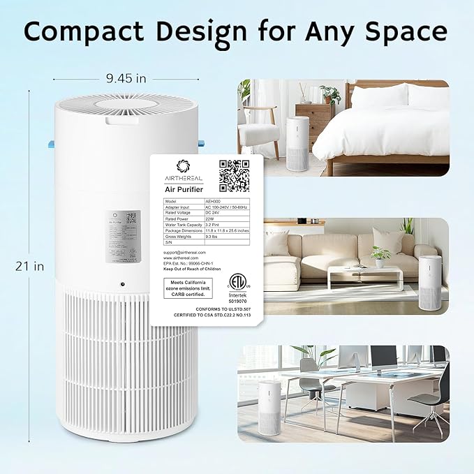 Airthereal 2-in-1 Air Purifier + Humidifier Combo for Large Room up to 1325 ft², 3-Stage Filters, Air Quality Monitor and Quiet Sleep Mode, Evaporative Humidifier with Auto Humidity Monitor, AEH300