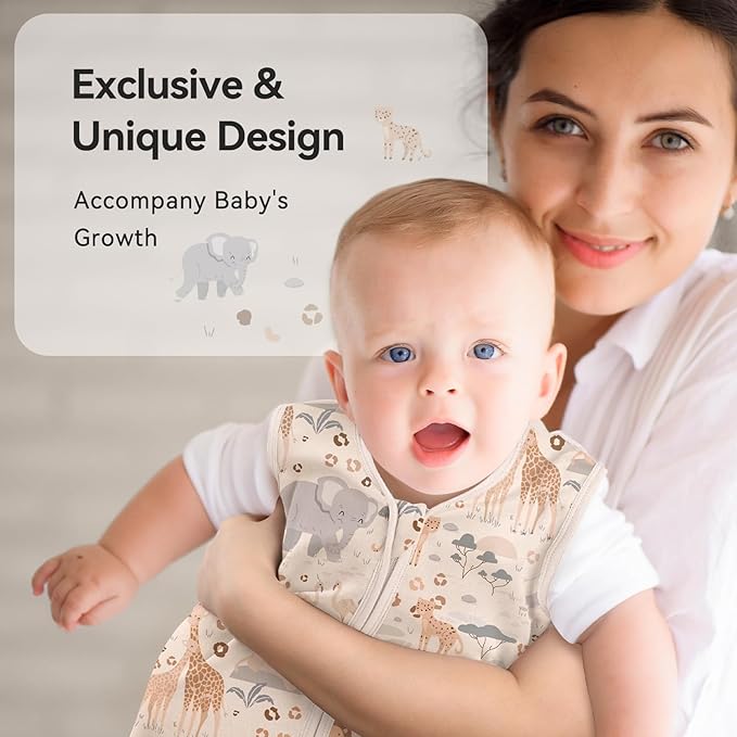 Baby Sleep Sack 6-12 Months 0.5 Tog Wearable Blanket Baby, 3 Pack 100% Cotton Lightweight Sleeping Sack with 2-Way Zipper for Newborn Infant Apricot Gray Green Elephant