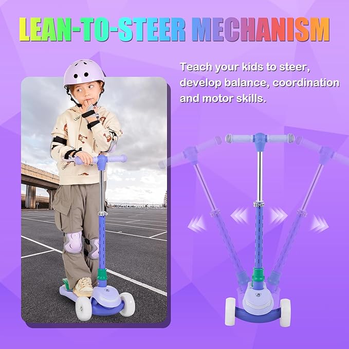 3-Wheel Light-Up Kids Scooter, 20 Different Light Patterns,Three Adjustable Heights,Lean to Steer, Balance Scooter for Ages 3-8