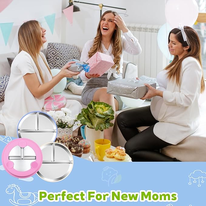 3-Pack Stainless Steel Baby Plates with Suction, BPA-Free Stainless Steel Kids Plates, 9” Divided Toddler Plate for Dishwasher Safe, Non-Slip Silicone Base, Detachable Design (Blue, Pink, Beige)