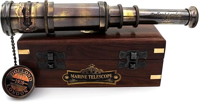 14 Inch Vintage Nautical Brass Telescope with Wood Box – Handheld Spyglass for Marine, Pirate, and Captain Use