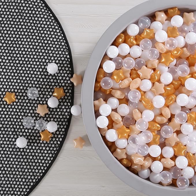 GOGOSO Ball Pit Balls with Starballs 100 - Crushproof Plasticballs for Babies Toddlers Kids Children for 1 2 3 4 5 Years Old,5 Colors,2.15inches, Beige Gold White Clear