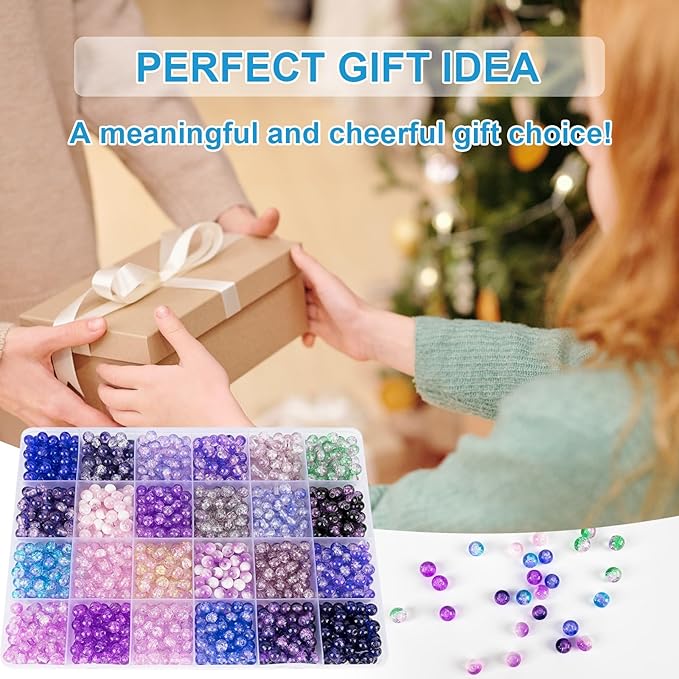 About 1200PCS 6mm Crack Glass Beads,24 Assorted Crack Violet Purple Series Colorful Crystal Beads for Bracelet and Jewelry Making and DIY Crafts,Friendship Bracelets