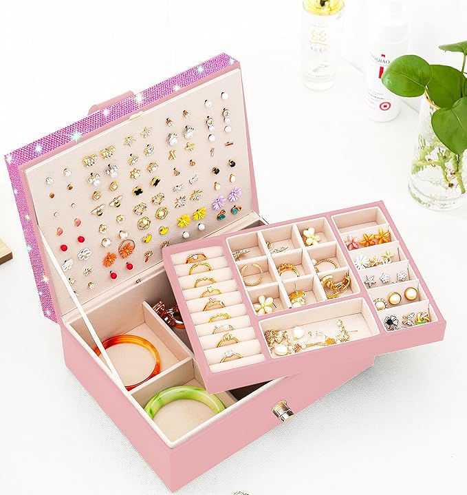 Jewelry Box for Earrings for Girls Jewelry Organizer Box Earring Holder Organizer for Girls Earring Box Jewelry Box Stud Earring Organizer for Girls Earring Jewelry Boxes for Women Pink Bling