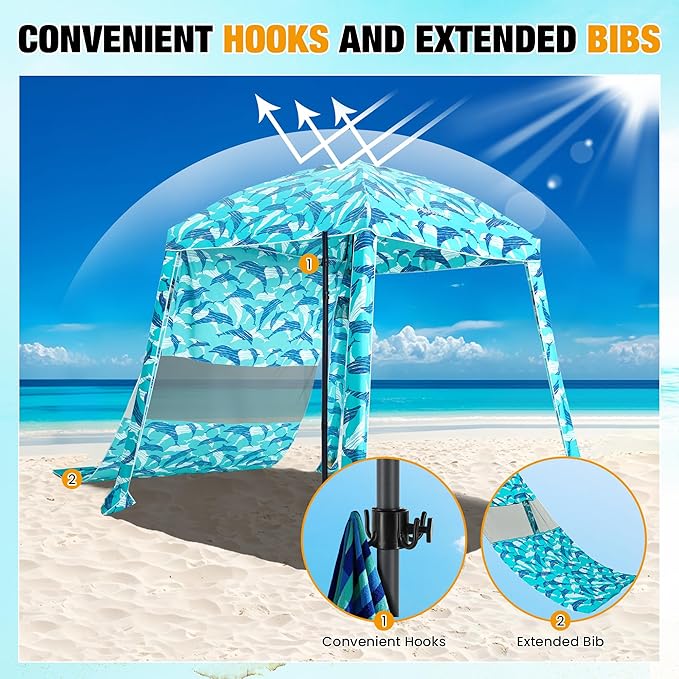 HOMEDEMO Beach Canopy UPF 50+, 6'×6', Easy Set up and Take Down Tent with Sand Pockets, Side Wall Shade Wind Waterproof for Kids, Family & Friends
