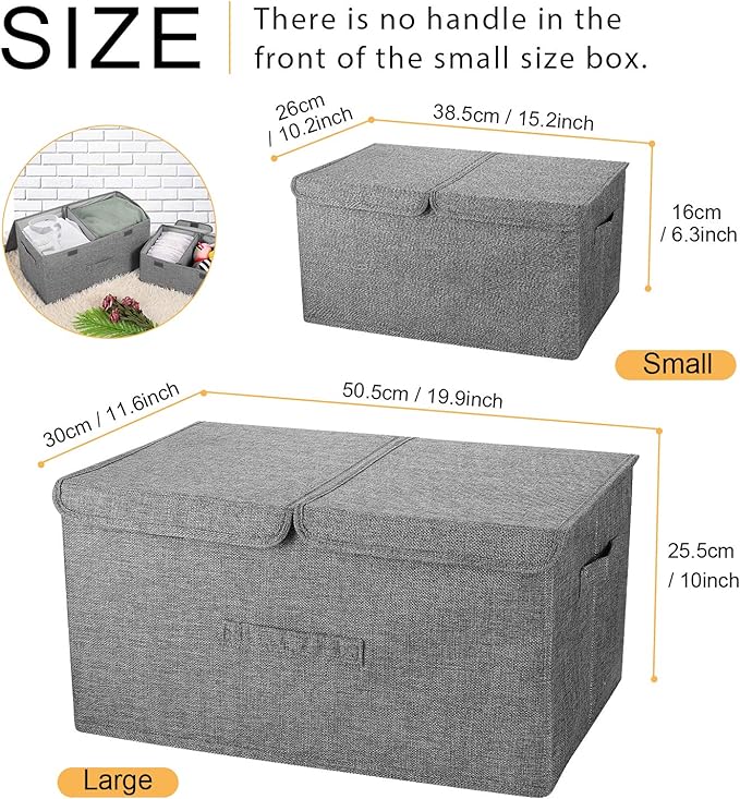 2 Pack Storage Boxes with Lids and Handles, Collapsible Linen Storage Bins Organizer Containers Baskets Cube with Removable Divider for Home Bedroom Closet Office (Cream, Large)