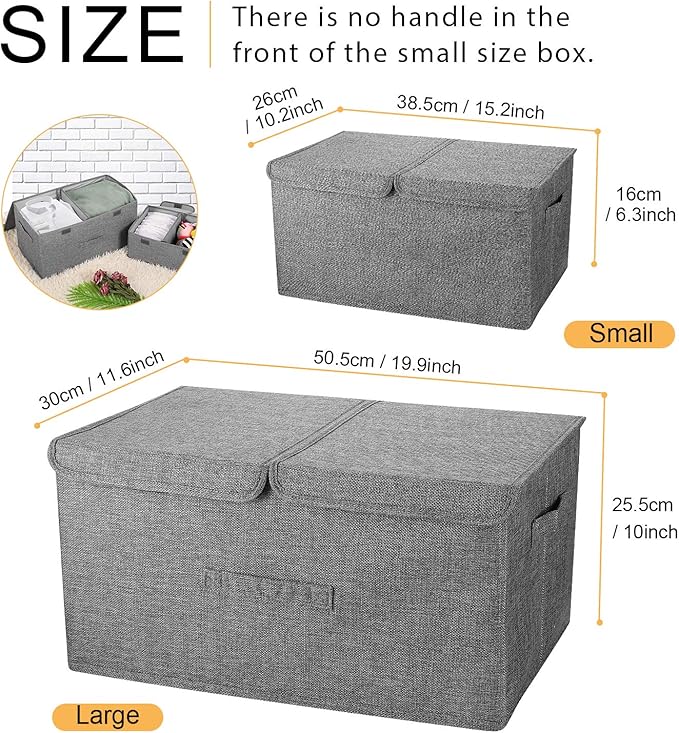 2 Pack Large Linen Fabric Collapsible Storage Bins with Lid and Handles, Washable Storage Box Baskets Cube with Removable Divider for Bedroom,Closet,Office,Living Room,Nursery (Black, Small)