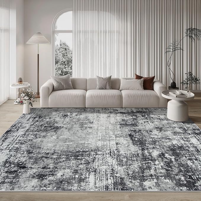 9x12 Area Rugs for Living Room Rug Washable: Modern Large Rug for Dining Room Bedroom Carpet Non Slip 9 by 12 Indoor Abstract Nursery Home Office Black Grey