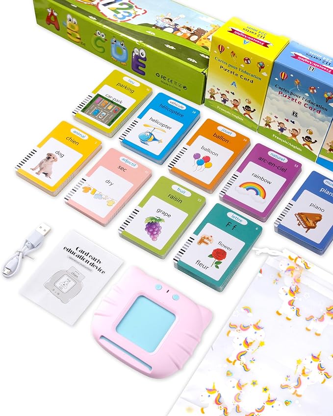 510 Words French Flash Cards for Kids, Toddler Learning Resources Toy, Autism Sensory Toys for Autistic Children Aged 2-4 Pink (French/English/Bilingual)