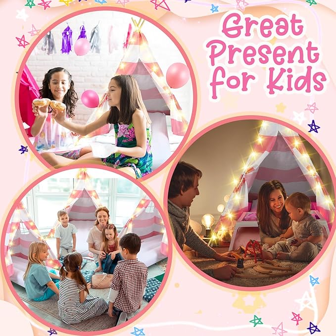 2 Pack Kids Teepee Tent with Mattress,Fitted Sheet,Light String,Washable Natural Cotton Toddler Play Tent for Girls Boys Indoor Outdoor Sleepover Slumber Birthday Party(Pink and White)