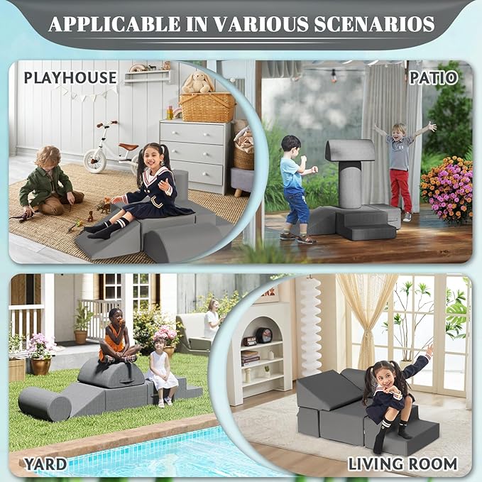 jela Foam Blocks 6Pcs Soft Play Equipment Waterproof Fabric, UV Resistant Toddler Climbing Toys Indoor& Outdoor Soft Play Climbing for Toddlers, Lightweight Climbing Blocks for Babies, Kids (Darkgrey)