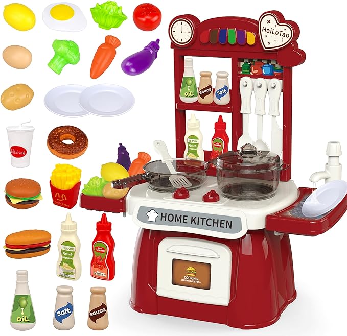 Kitchen Set for Toddler with Sound and Light,Pretend Cooking Food Set,Kids Kitchen Playset,Play Sink with Running Water and Electronic Induction Stove,Kitchen Accessories (red Kitchen Set)