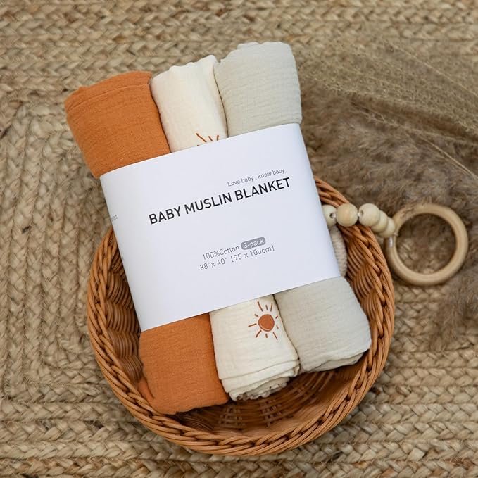 Muslin Swaddle Blankets for Newborn, 3 Pack Breathable Soft Receiving Blanket, Large 38 x 40 inches Swaddle Wrap Burping Clothes, Essentials Infant Shower Items, Toddler Gift (Elegant Colors)