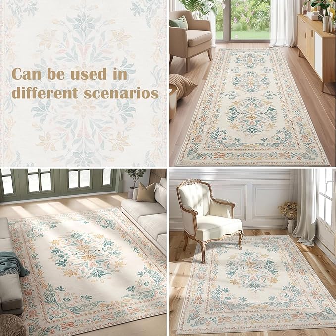 jinchan Spring Floral 2x3 Rugs for Entryway - Vintage Washable Area Rug Ultra-Thin Low Pile Soft Small Non Slip Distressed Indoor Doormat Accent for Entrance Kitchen Bedroom (2x3ft,Apricot Multi)