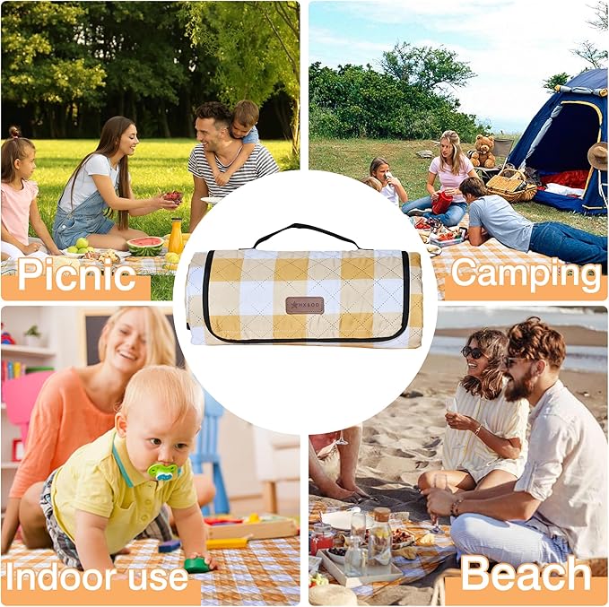 HX&OD Outdoor Picnic Blanket, Extra Large, 80''x80'' Waterproof Foldable Blankets Gingham Picnic Mat for Beach, Camping Grass Lawn Park Accessories Cute Couple Ideas Wedding (Yellow, 80”x80”)