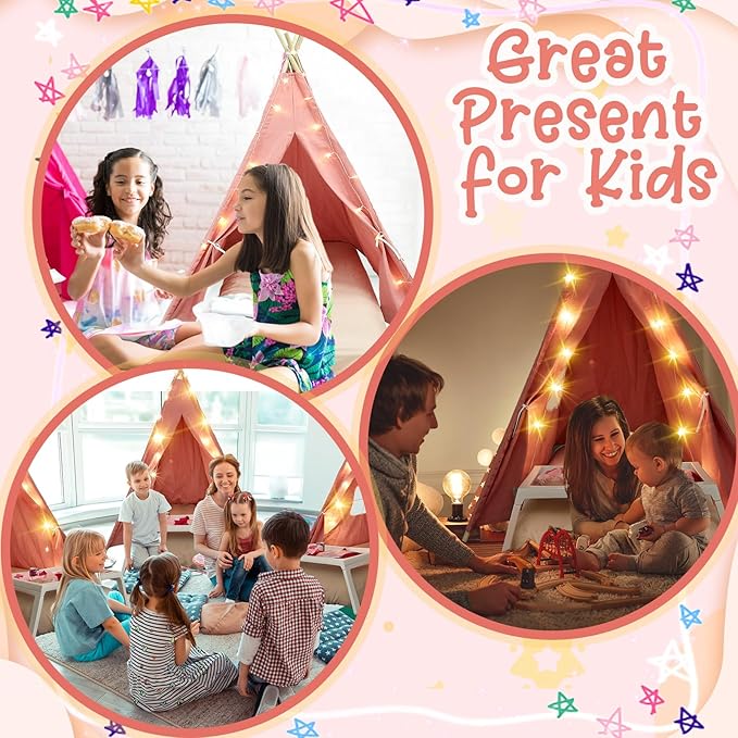 6 Pack Sleepovers Teepee Tent for Kids Bulk with Mattress Sheet Light,Natural Cotton Washable Indoor Play Tent for Birthday Slumber Party Girls Boys Pajama Movie Night Supplies(Pink)