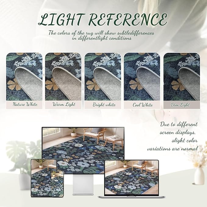 8x10 Area Rug for Living Room: Vintage Floral Washable Rug Soft Boho Non Slip Carpet Large Indoor Floor Non Shedding Low Pile Thin Carpets for Bedroom Dining Room Farmhouse Nursery Home Office Blue