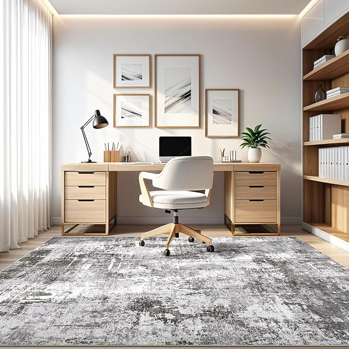 8x10 Area Rugs Living Room: Washable Large Abstract Modern Soft Rug Stain Resistant Indoor Floor Non Slip Accent Carpet for Bedroom Nursery Playroom Office Dining Room Dorm Home House- Black Grey