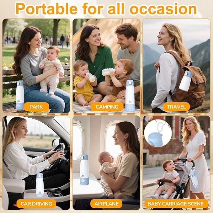 BEBOAN Portable Bottle Warmer for Travel On The Go, Portable Milk Warmer 5-Temp Setting with Lock 12oz Large Capacity, Cordless for Heating Breast Milk Charging with 55w Charger to Get Fast Charging