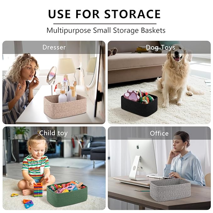 4 Pack Small Storage Shelf Baskets for Organizing, Mini Woven Rope Storage Bins for Towels, Cute Decorative Closet Organizer,Baby Nursery, Gift Empty Baskets -11.81''Lx7.87''Wx4.72''H-Green