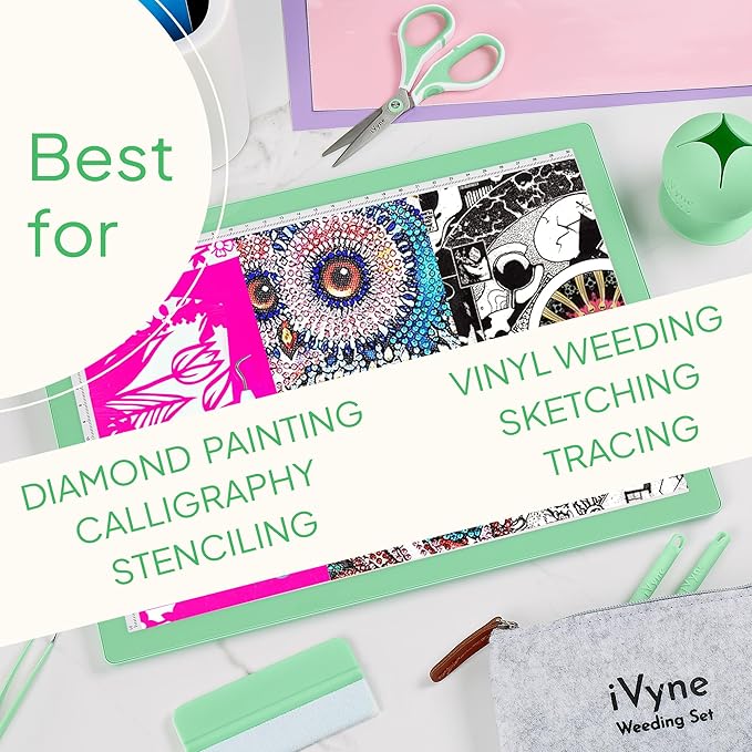 iVyne Rechargeable A4 Light Pad for Tracing & Weeding - LED Light Board for Weeding Vinyl - for Cricut Vinyl Weeding Tools - Ultra-Thin & Portable - Perfect for Artists & Crafters - Green