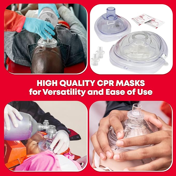 Adult and Infant CPR Mask Combo Kit – Includes 2 CPR Masks with One-Way Valves, Pair of Vinyl Gloves, 2 Alcohol Prep Pads – Portable Emergency CPR Kit – Red