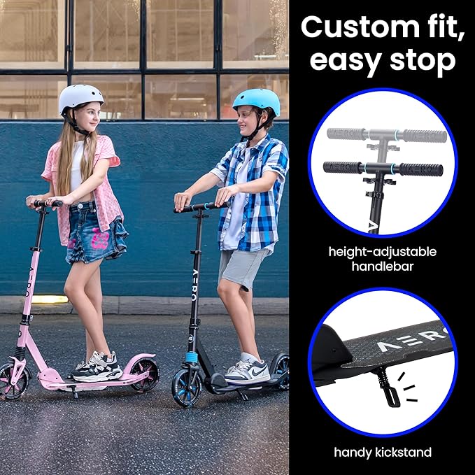Aero Big Wheels Kick Scooter for Kids 6+, Teens & Adults | Light Up Wheels, Hand Brake, Rubber Deck Mat & Shock Absorption | Foldable & Height Adjustable