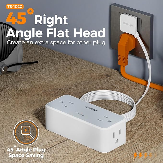 5FT Flat Extension Cord, TESSAN Surge Protector Power Strip with 4 Widely Spaced AC Outlets, 900 Joules Surge Protection, Ultra-Thin Flat Plug Desk Charging Station for Home Office Dorm Essentials