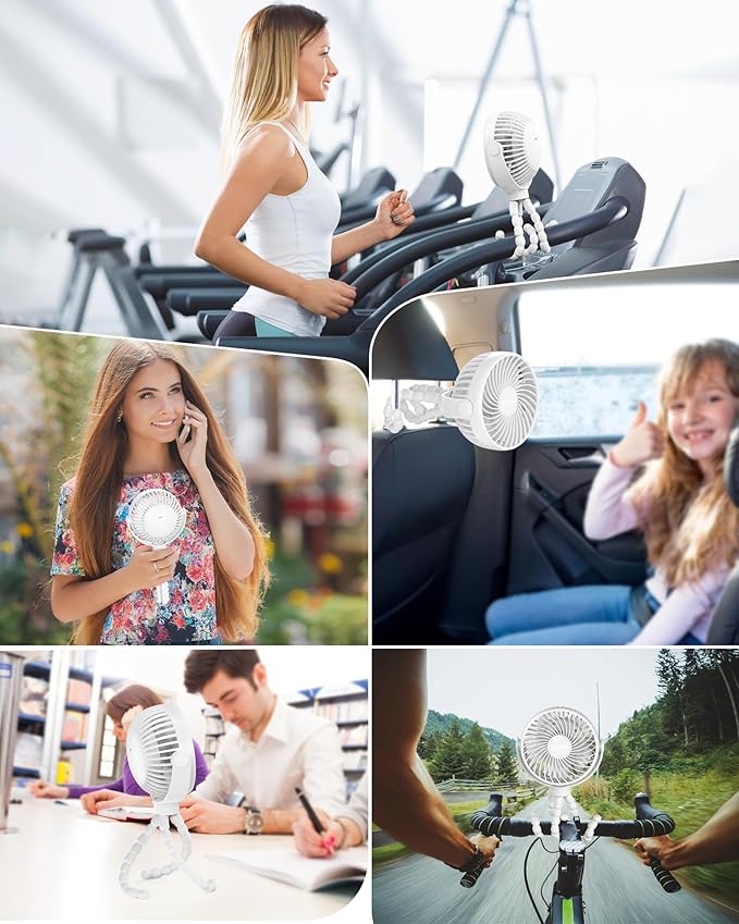 Stroller Fan Clip on for Baby, 4000mAh Rechargeable Battery Operated, Flexible Tripod, 3 Wind Speed, 360° Rotatable, Small Portable Fan for Car Seat Crib Golf Cart Bike Beach Travel, White