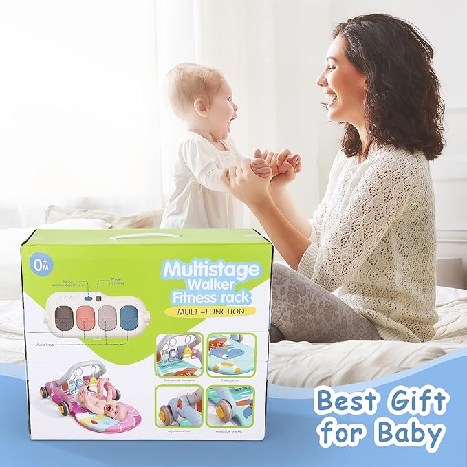 2 in 1 Baby Play Gym with Walker for Newborn, Baby Play Mat Activity Gym with 4 Infant Learning Sensory Tummy Time Mat for Infant Christmas Gifts Adjustable Height (Blue)