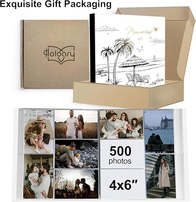 Holoary Travel Photo Album 4x6 500 Photos, Five Pictures Per Page, Large Beach and Vacation Album, Printed Book Cover Travel Design for Honeymoon Memories