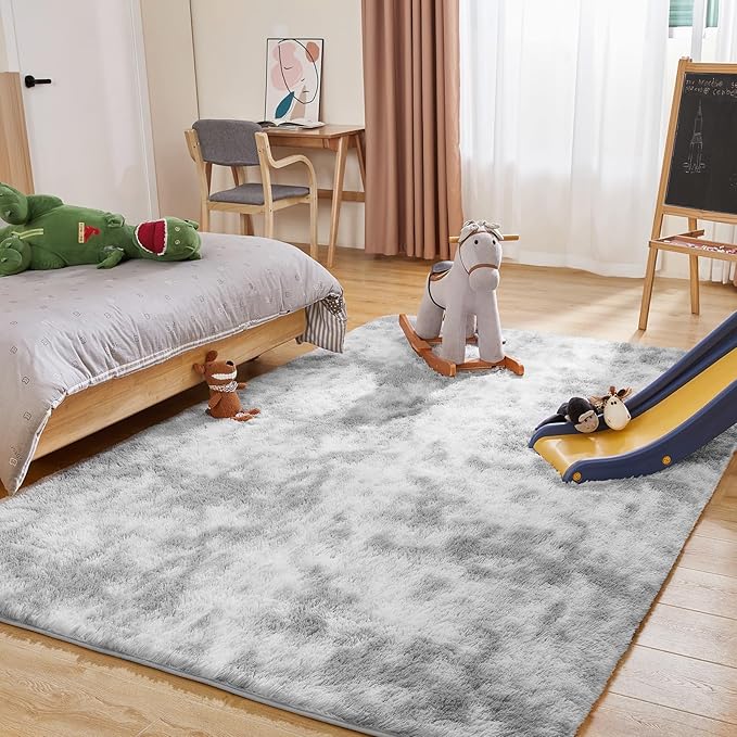 9x12 Area Rugs for Living Room, Ultra Soft Fluffy Rugs for Bedroom, Anti-Skid High Pile Indoor Carpet for Nursery, Study Room, Playroom, Home Decoration, Tie-Dyed Light Grey