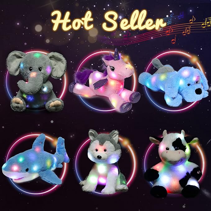 Hopearl LED Musical Stuffed Puppy Lighting Up Singing Plush Dog Adjustable Volume Lullaby Animated Soothe Birthday Festival for Kids Toddler Girls, Blue, 17''