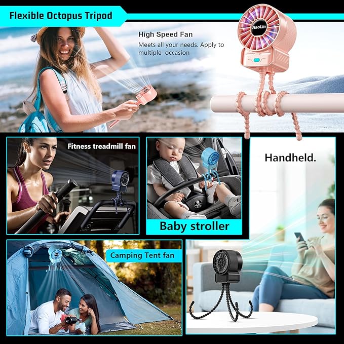 2 Pack Multifunctional Portable Stroller Fan 4 Speed 6600rpm High Speed Usb Rechargeable Personal Mini Handheld Fan Extended Tripod For Desktop Winding Kids Bed Treadmill Bike Golf Cart Outdoor Travel