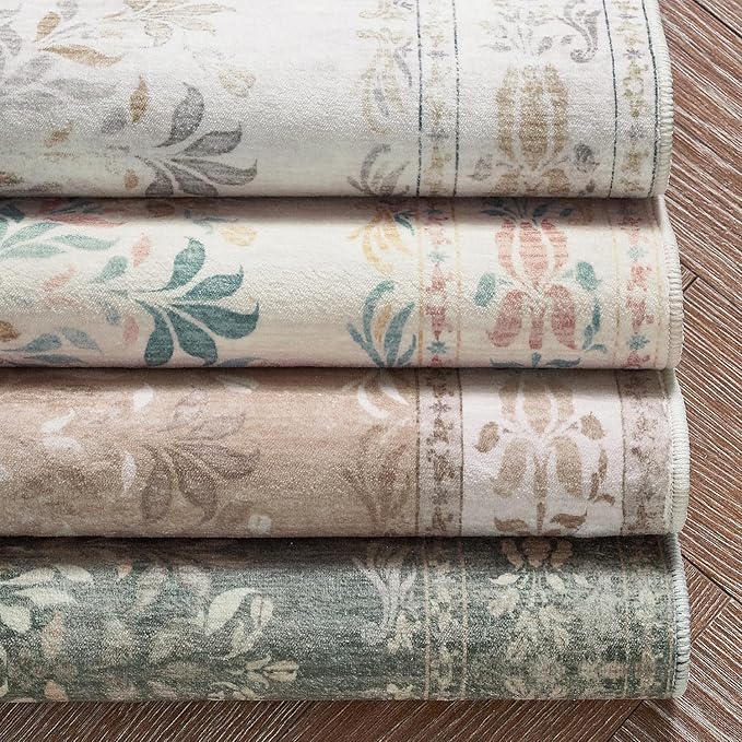 jinchan Hallway Runner Rug 2x10 Vintage Floral Distressed Design - Machine Washable Non-Slip Low-Pile Soft Thin Faux Wool Kitchen Carpet for Farmhouse Bedroom Laundry Room(2x10ft,Light Grey)