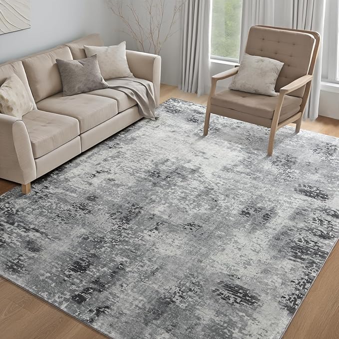 Kelarea Living Room Rug 8x10 Grey Rug Machine Washable Large Area Rugs, Non Slip Abstract Vintage Indoor Carpet for Bedroom, Nursery, Classroom, Dining Room, Home Office