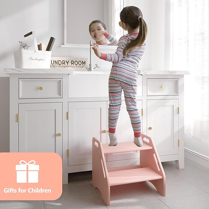 AMBIRD Wooden Step Stool, Two Step Stools Toddler 300 lbs Capacity with Safety Non-Slip Pads and Handles, Bamboo Step Stool for Bathroom, Kitchen Dual Height Step Stools for Kids (Pink)