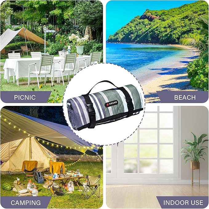 HX&OD Outdoor Picnic Blanket Extra Large, 80''*60'' Waterproof Picnic Mat with Stakes Foldable Camping Blanket Portable with Carry Strap for Beach Mat (Green& White, 80''*60'')