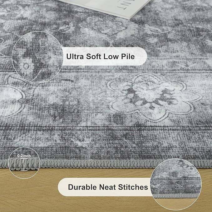 5x7 Washable Area Rug for Living Room, Non Slip Vintage Floral Rugs for Bedroom, Retro Indoor Floor Carpet for Kitchen, Dining Room, Farmhouse, Classroom (Distressed Grey)