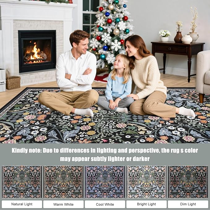 8x10 Area Rugs for Living Room: Floral Washable Rug Vintage Large Soft Boho Non-Slip Carpet Indoor Stain Resistant Low Pile Carpets for Bedroom Dining Room Farmhouse Nursery Home Office Dark Black