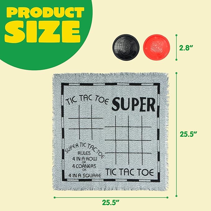 3-in-1 Vintage Giant Checkers, Tic, Tac, Toe, with Reversible Mat, 24 Chips, Family Board Game, Lawn Game, BBQ Party Favor, Indoor and Outdoor Activity for Kids and Adults