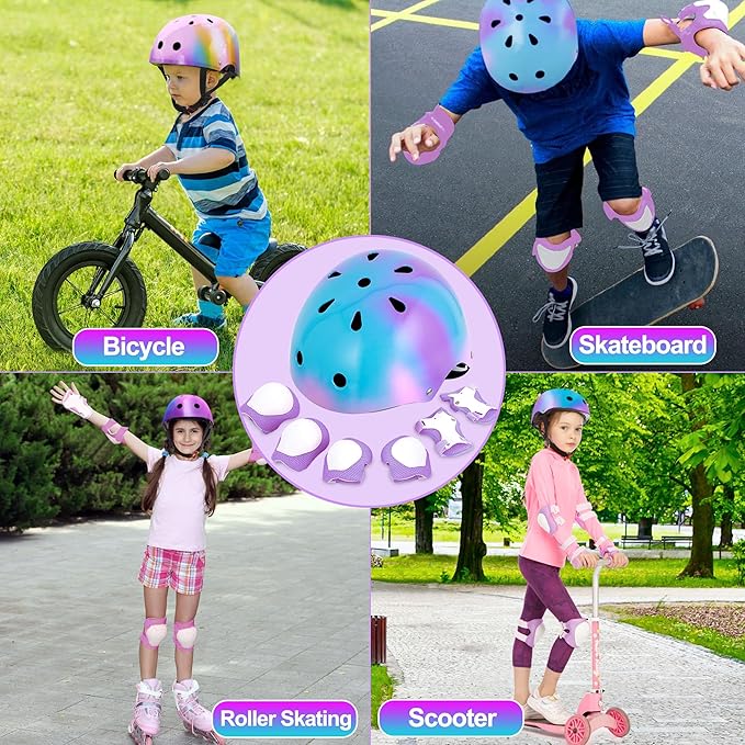 Kids Bike Helmet with DIY Stickers and Knee Pads Elbow Pads Wrist Guard Set for Ages 3-8-14 Toddler Boys Girls Helmet for Roller Skates Cycling Skateboarding Bicycle Scooter