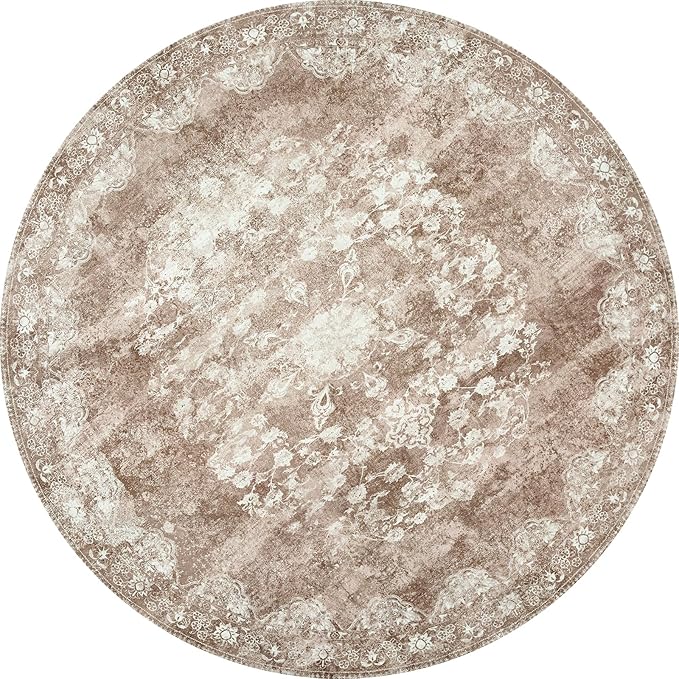 jinchan Round Rug 8ft Area Rug - Brown Vintage Floor Mat Kitchen Indoor - Washable Circle 8' Thin Floral Print Carpet Retro Farmhouse Non Slip Dining Room Living Room Bedroom Office