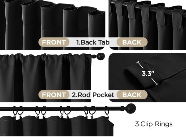Joydeco Blackout Curtains for Bedroom, Black Out Curtains 108 Inch Long, Room Darkening Noise Reducing Wrinkle-Free Drapes, Black Curtains with Rod Pocket Back Tab 2 Panels (W52 x L108 Inch)