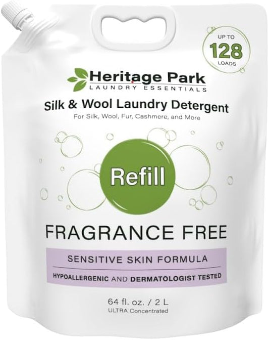 Heritage Park Silk & Wool Fragrance Free, Hypoallergenic, pH-Neutral Laundry Detergent - Dermatologist-tested, Sensitive Skin-Friendly, Enzyme-Free, Ultra Concentrated (64 fl oz Refill)