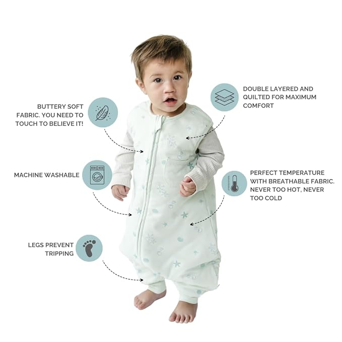 Tealbee Dreamsuit: Toddler Sleep Sack with Feet 2T 3T - 1.5 TOG Winter Baby Wearable Blanket for Walkers - Rayon made from Bamboo, Organic Cotton Sleep Bag - Seashell