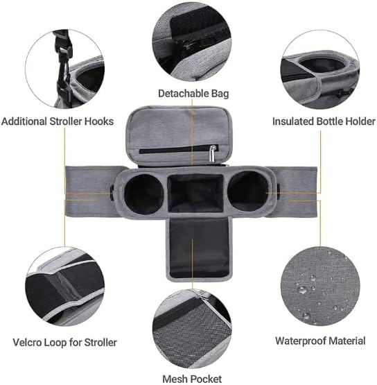 Universal Stroller Organizer with Insulated Cup Holder, Detachable Phone Bag, Shoulder Strap – Fits All Stroller Types, Keeps Drinks Hot/Cold (Grey)