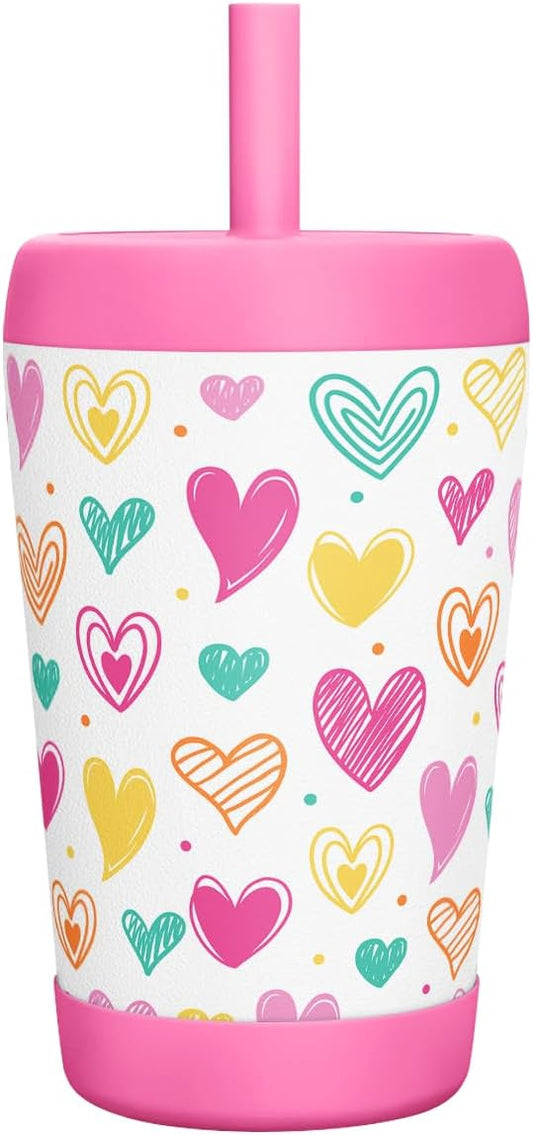 Kid Insulated Stainless Steel Tumbler with Silicone Straw, 12oz Sippy Cup for Kids (Playful Hearts)
