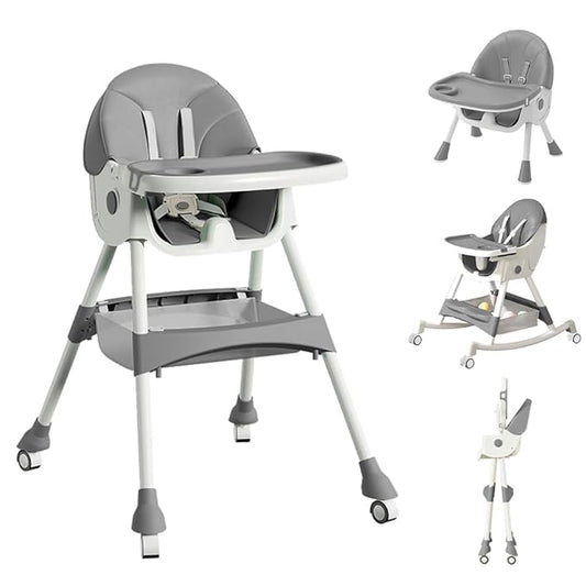 High Chairs for Babies and Toddlers, 4 in 1 Convertible Baby High Chair, Portable High Chair for Travel with Adjustable Height and Back, Foldable HighChair with Wheels& Pu Cushion (Grey)